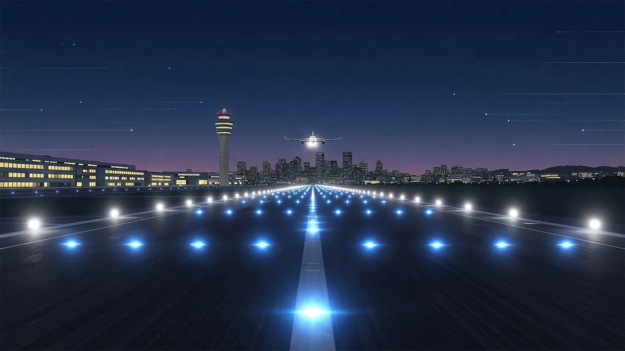 Runway lights toward the horizon